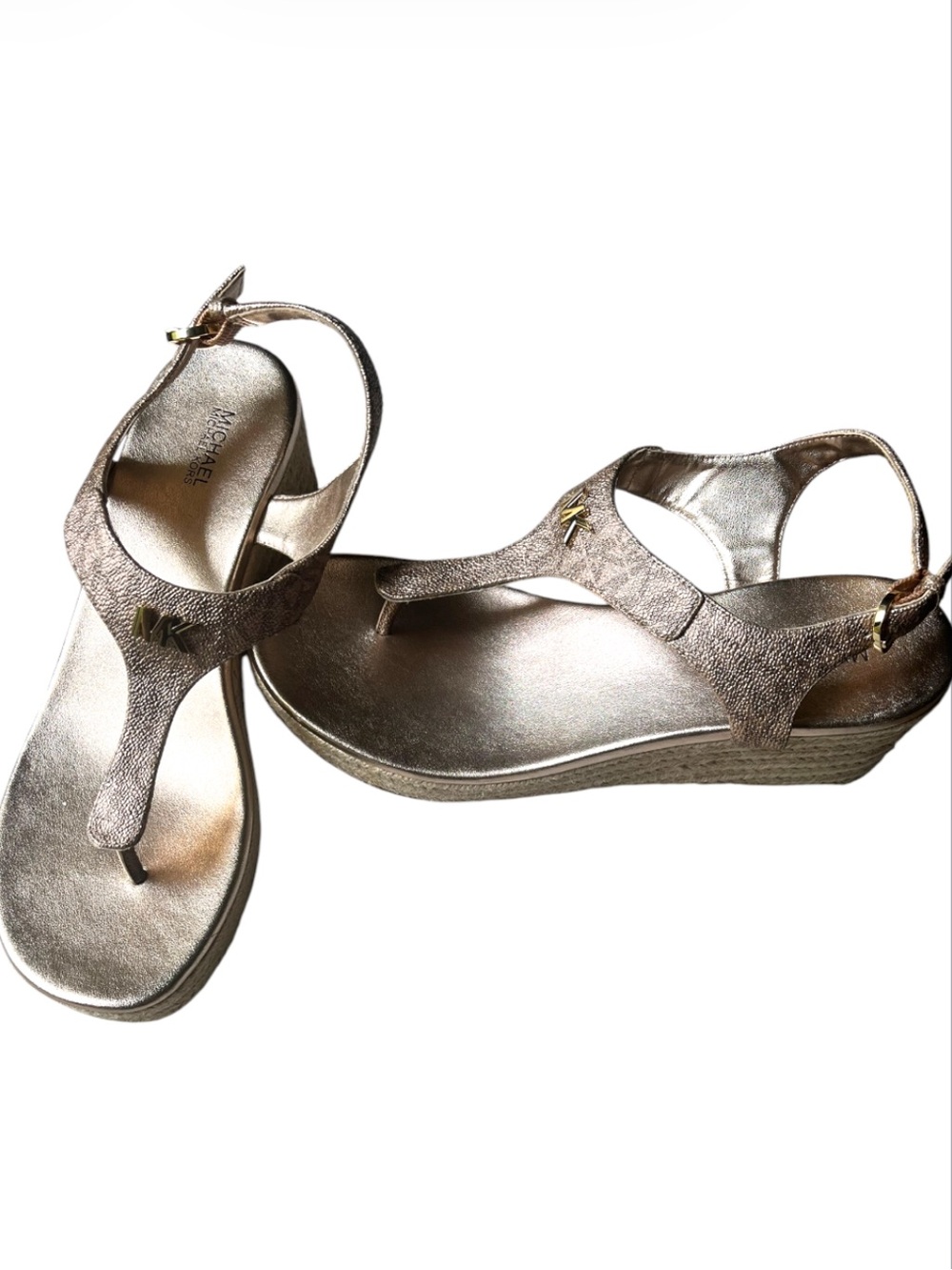Michael Kors Metallic Rose Gold Wedge T‑Strap Sandals